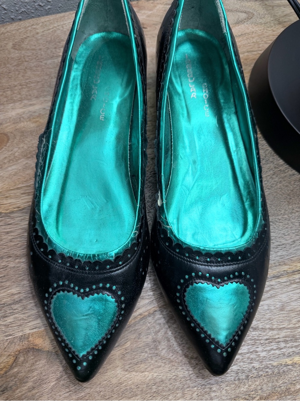 Vintage Irregular Choice Black Pumps with Teal Heart Insets